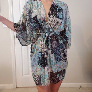 Bebe Semi Sheer Zebra Floral Print Waist Tie Kimono Dress